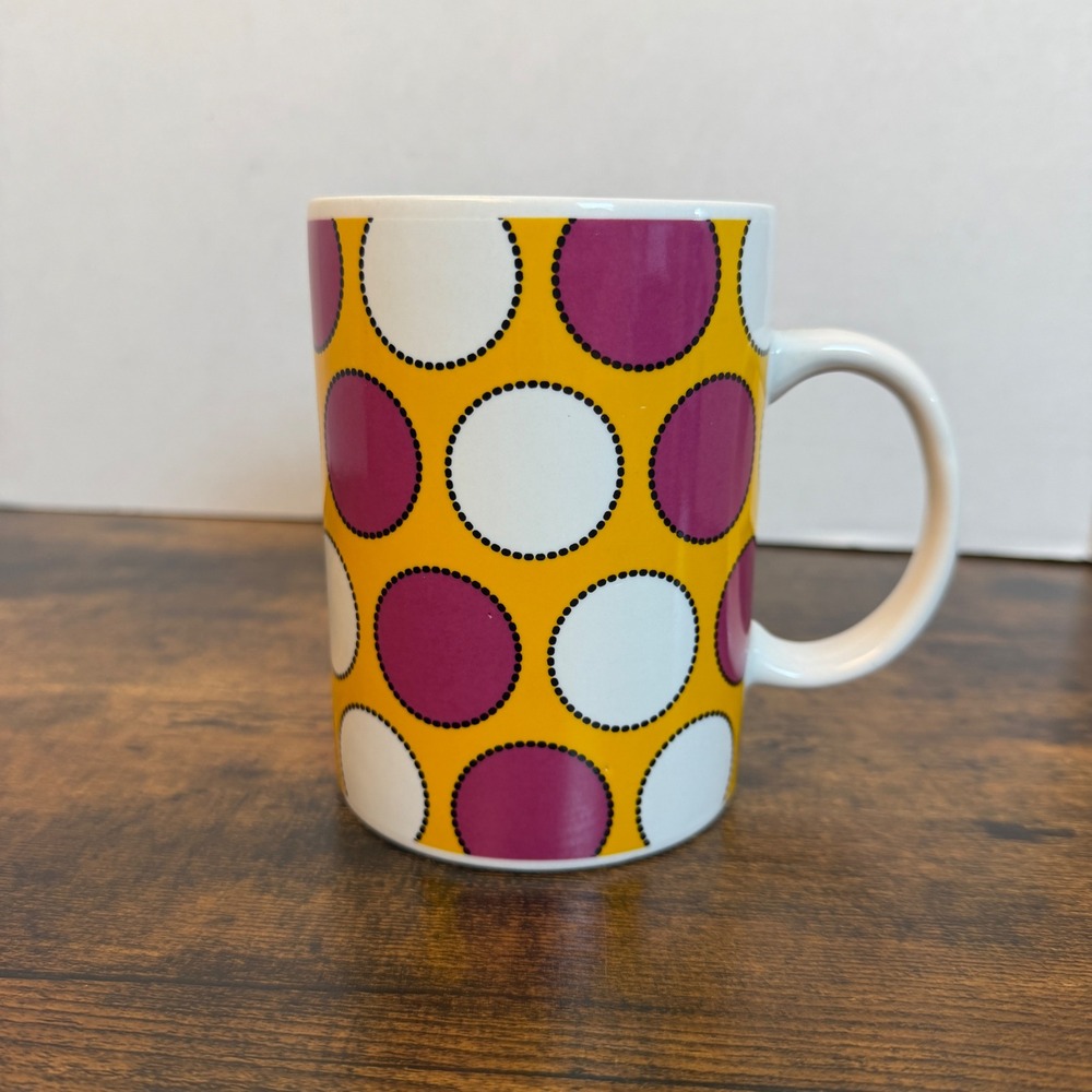 Starbucks Mug 2004 16oz Yellow Pink White Polka Dot Coffee Cup Ceramic Retro